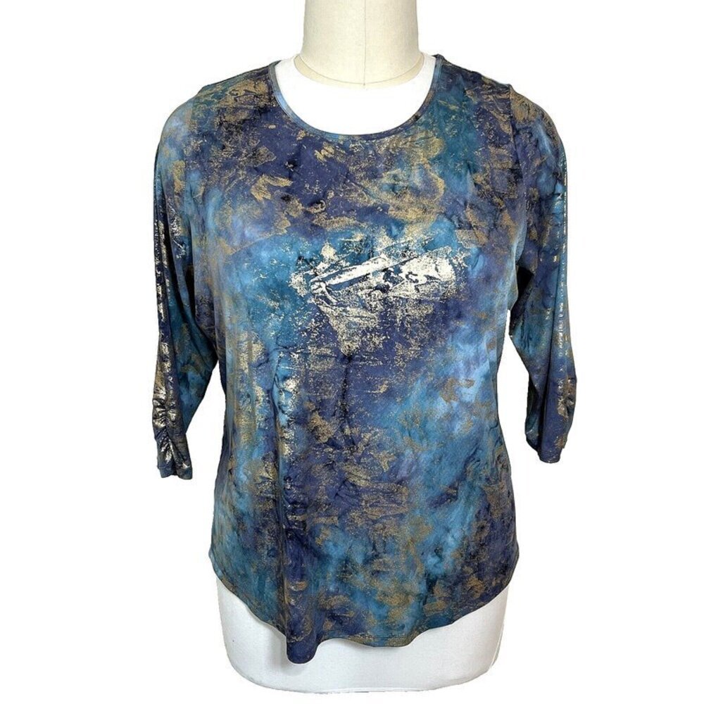 Alia Plus - Women's 3X Plus Blouse Blue Gold Marbled Print 3/4 Sleeve